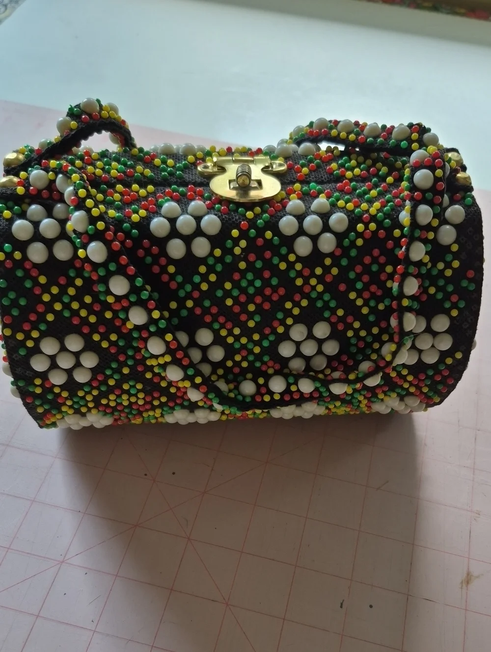 Studded Floral-Pattern Shoulder Bag in Black, White, Red, Yellow & Green